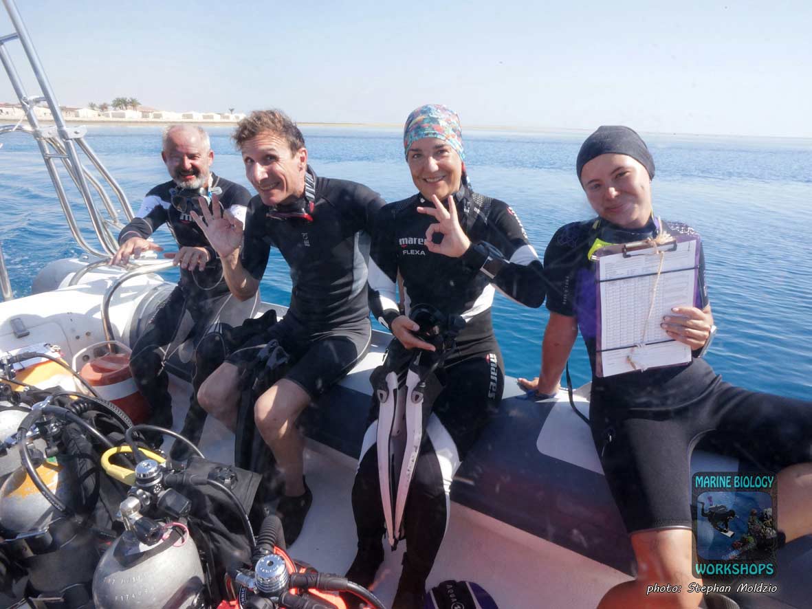 The reef check team on their way to the surveys by boat